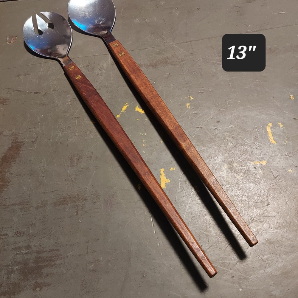 Vintage MCM Salad Serving Set 13 Inch Teak Wood Handle Stainless Steel 2 Piece - Picture 2 of 5